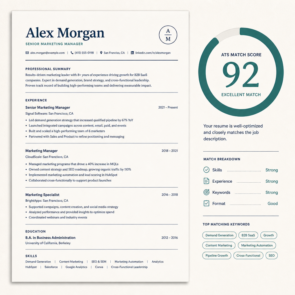 Resume beside a teal ATS match score ring showing 92