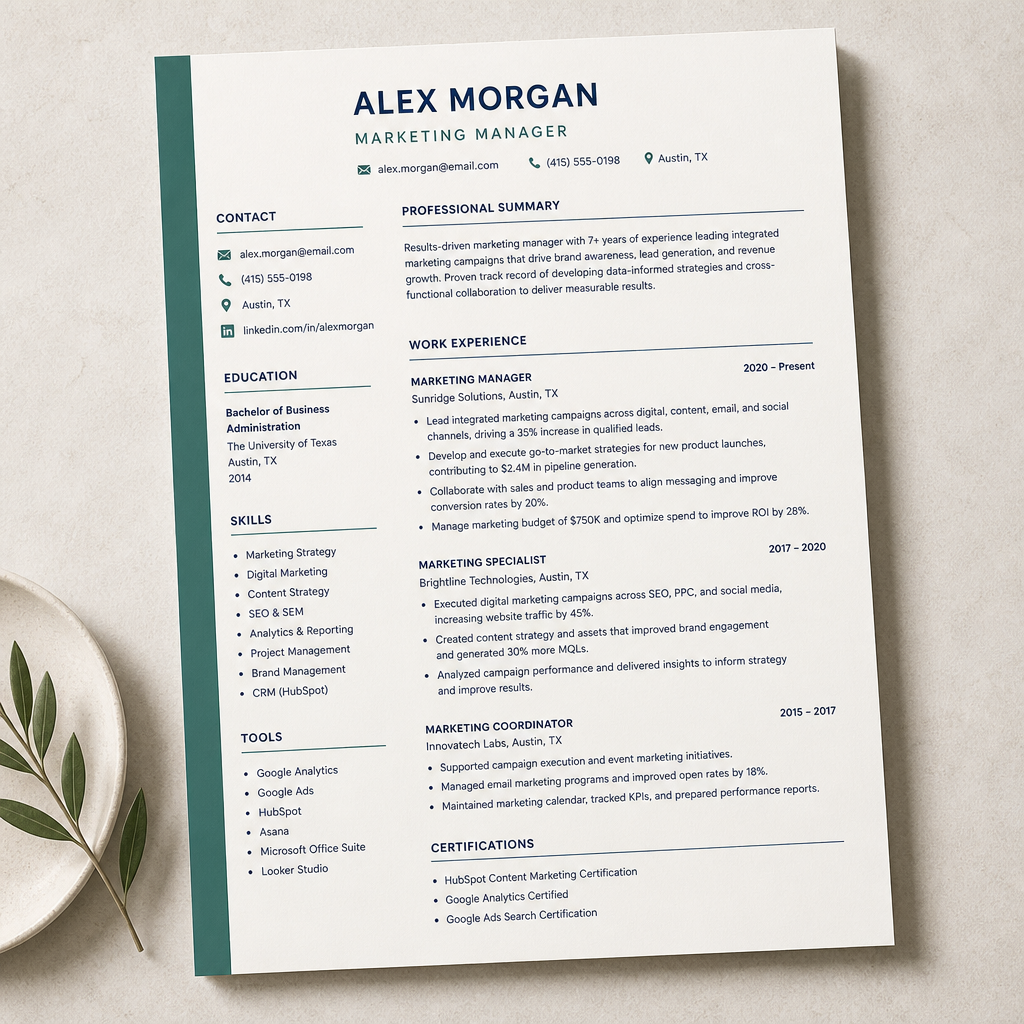 Clean ATS-friendly resume document on warm paper