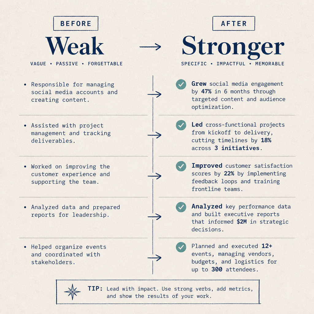 Before and after resume bullet rewrite with stronger impact lines